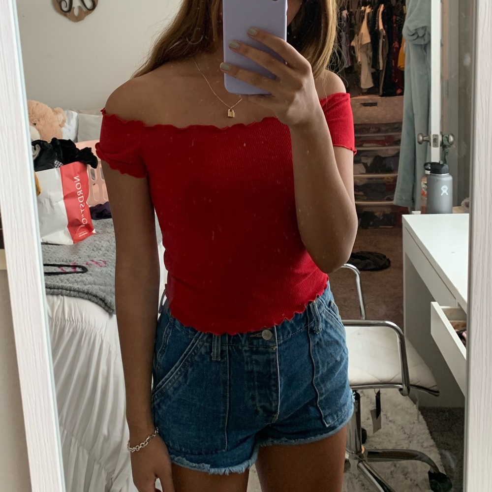 red off the shoulder top